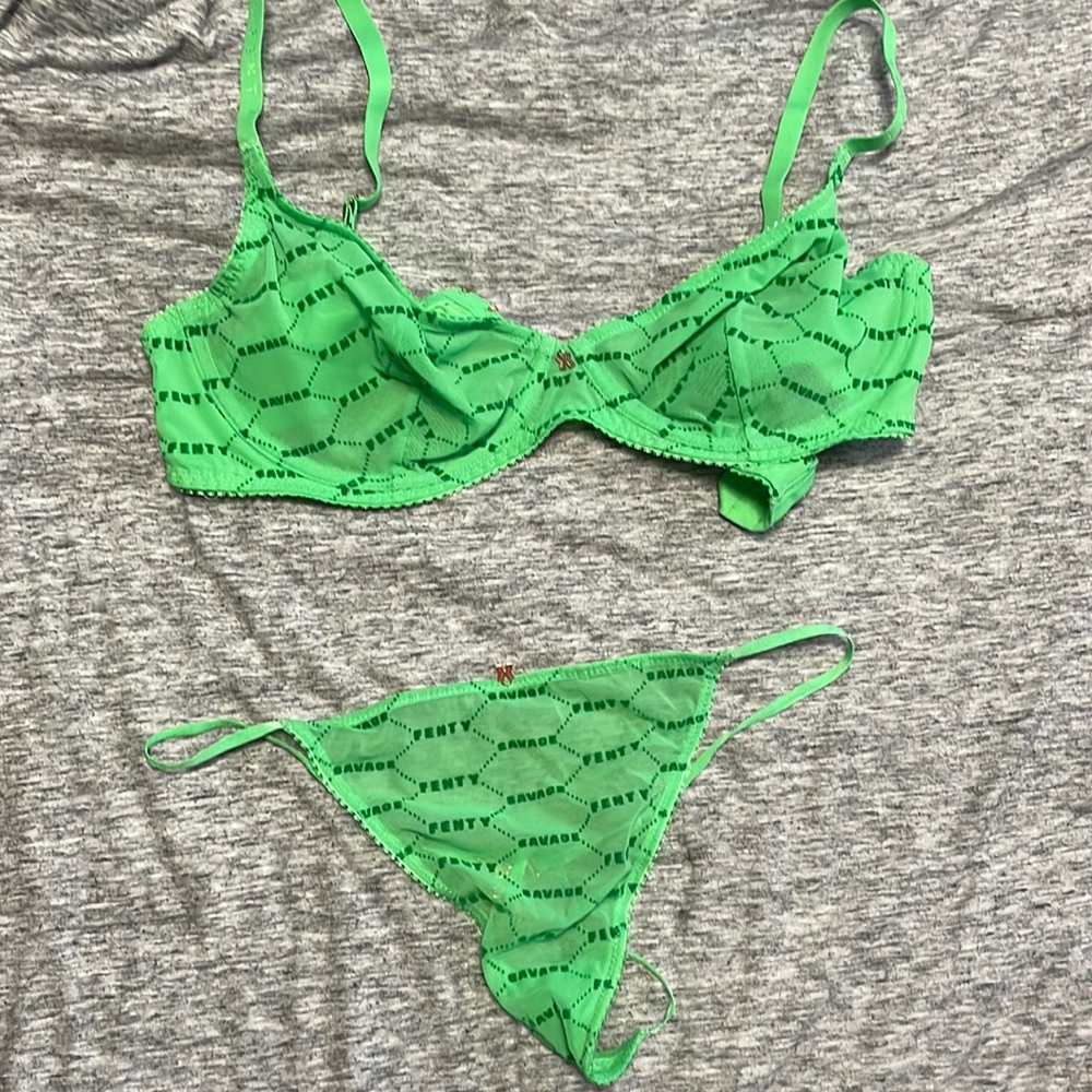 Bright Green Flocked Logo Unlined Savage x Fenty Bralette and Charm G-String